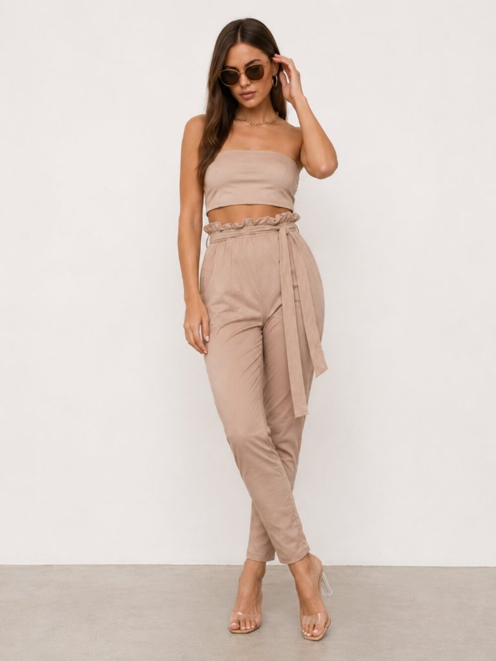 Tan Faux Suede Two Piece Pants Set Tube Top NWT